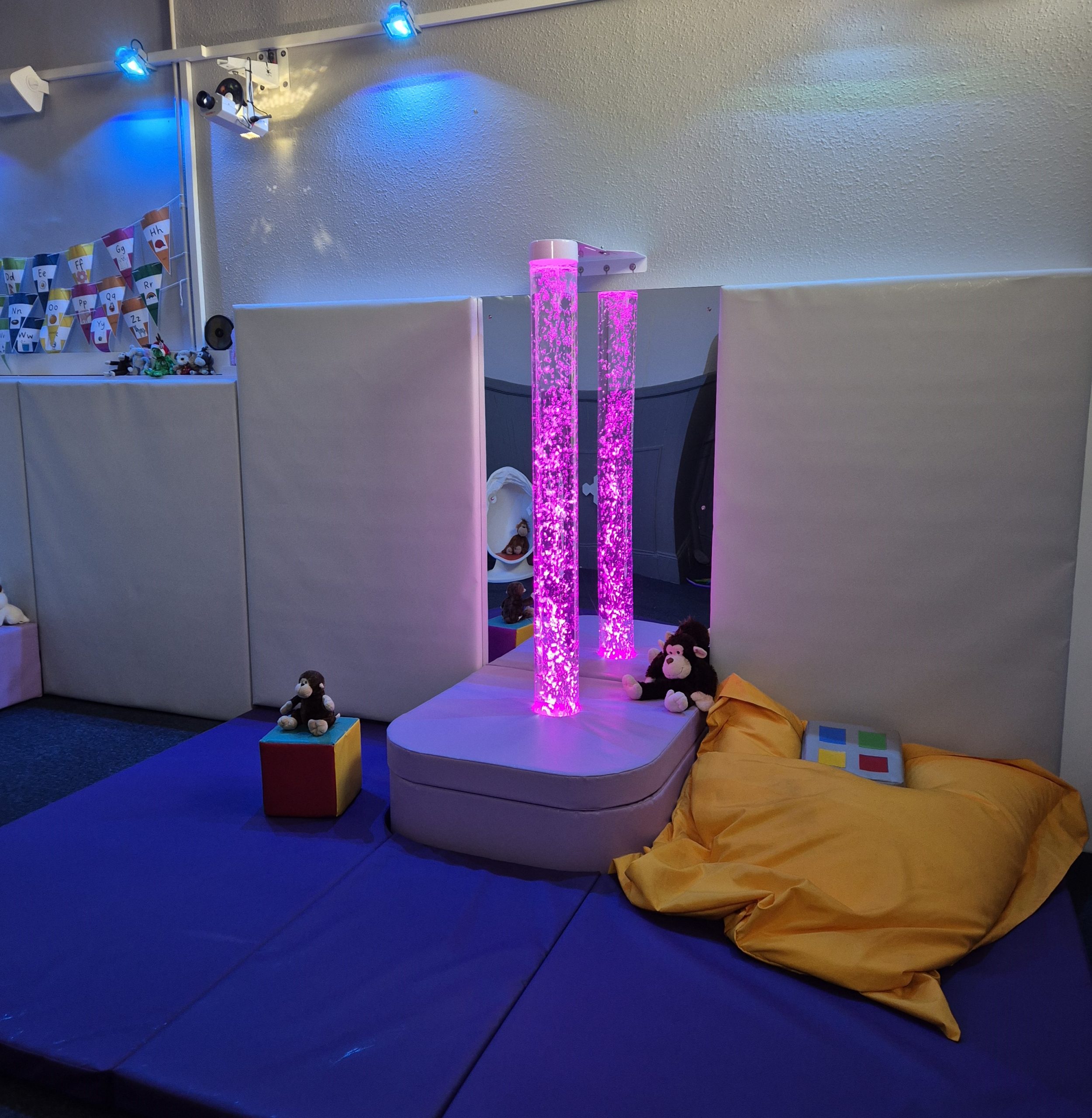 The sensory room is equipped with beautiful coloured lights and bubble towers