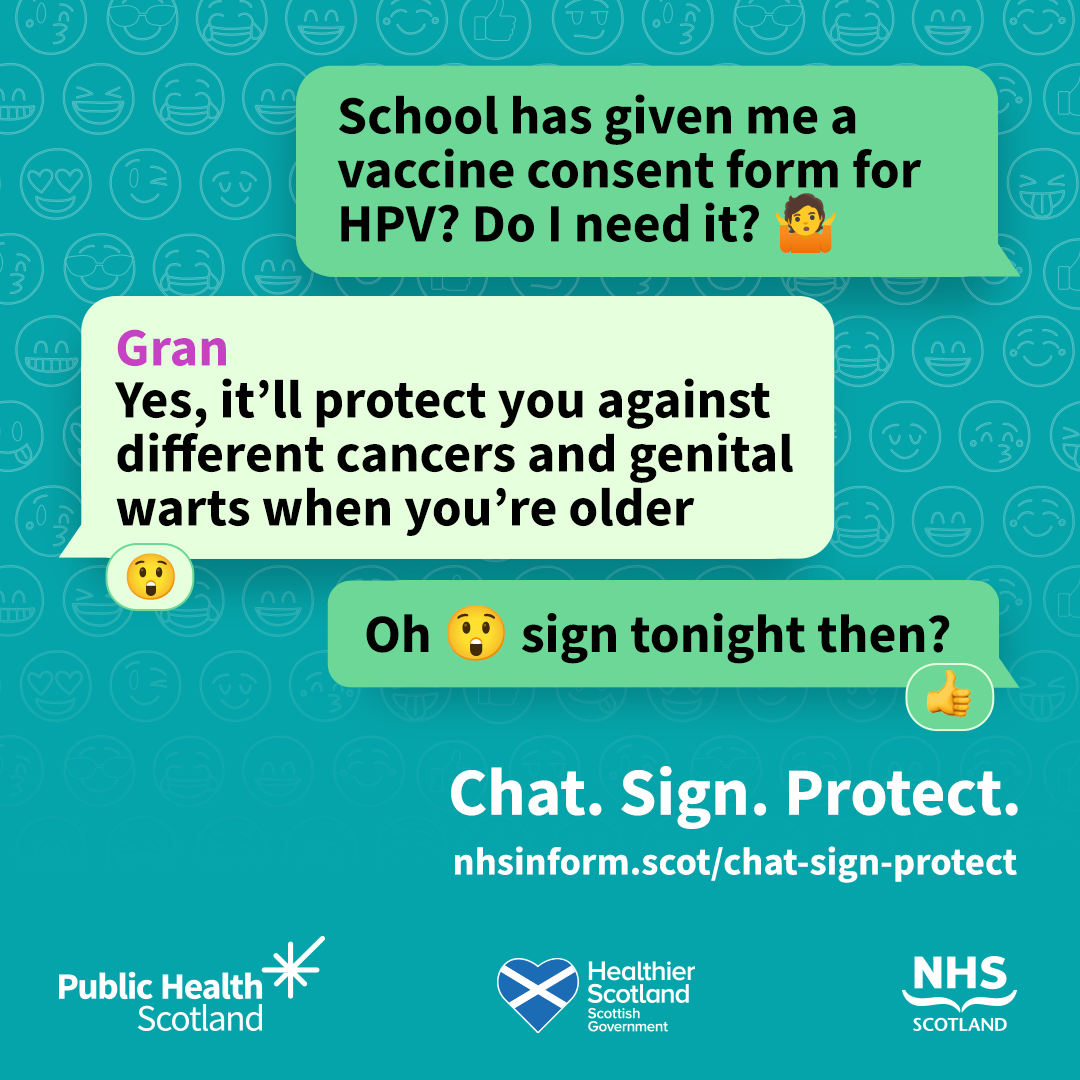 Text message conversation - School has given me a vaccine consent form for HPV? Do I need it? Gran: Yes, it'll protect you against different cancers and genital warts when you're older. Reply: Oh! Sign tonight then?