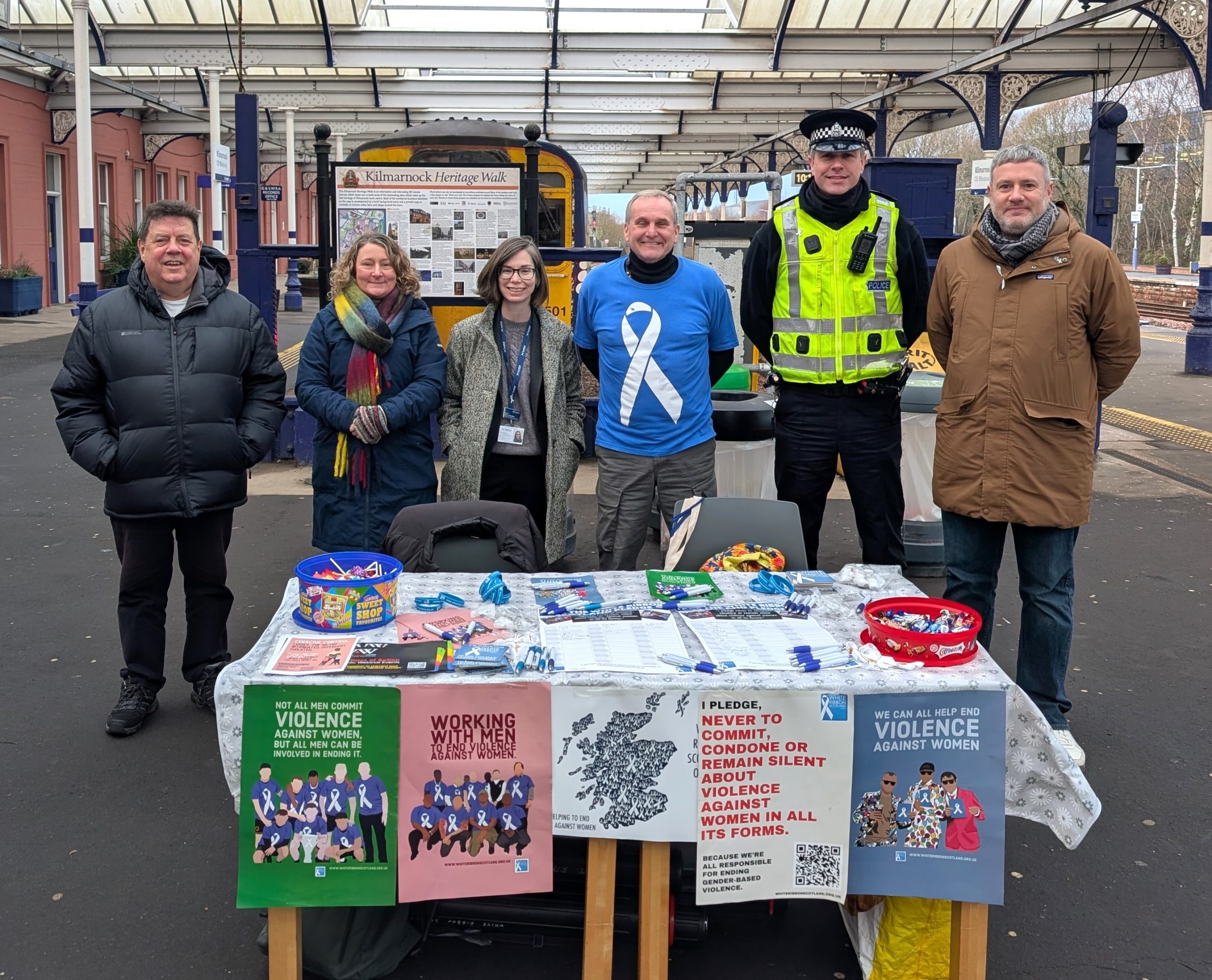 Our White Ribbon stall at Kilmarnock train station