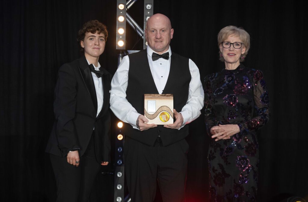 Scott Montgomery after being presented with his award by Sally Magnusson