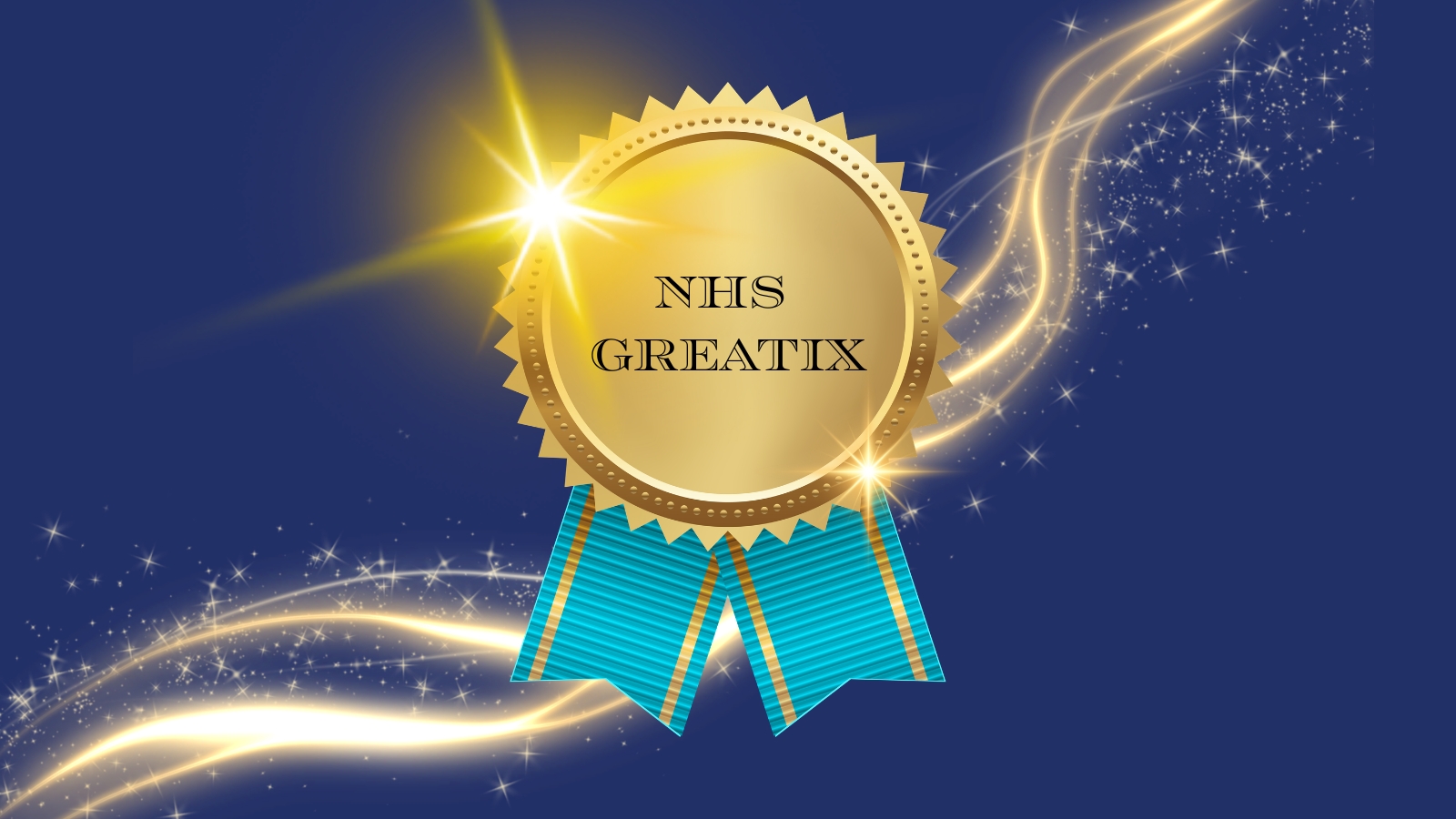 Graphic of a shining gold medal with turquoise blue ribbon